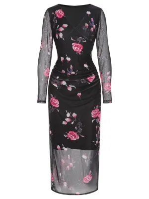 Black 1960s V-Neck Floral Mesh Dress